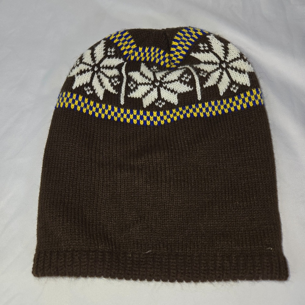 Vintage Handmade Knit Youth Beanie Brown Yellow White Snowflakes 9" W x 10" H